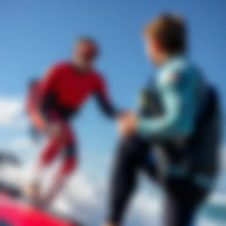 Expert Coaching for Improved Technique A surf coach providing guidance on wakesurfing techniques