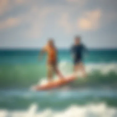 A beginner learning to skimboard with guidance from experienced riders